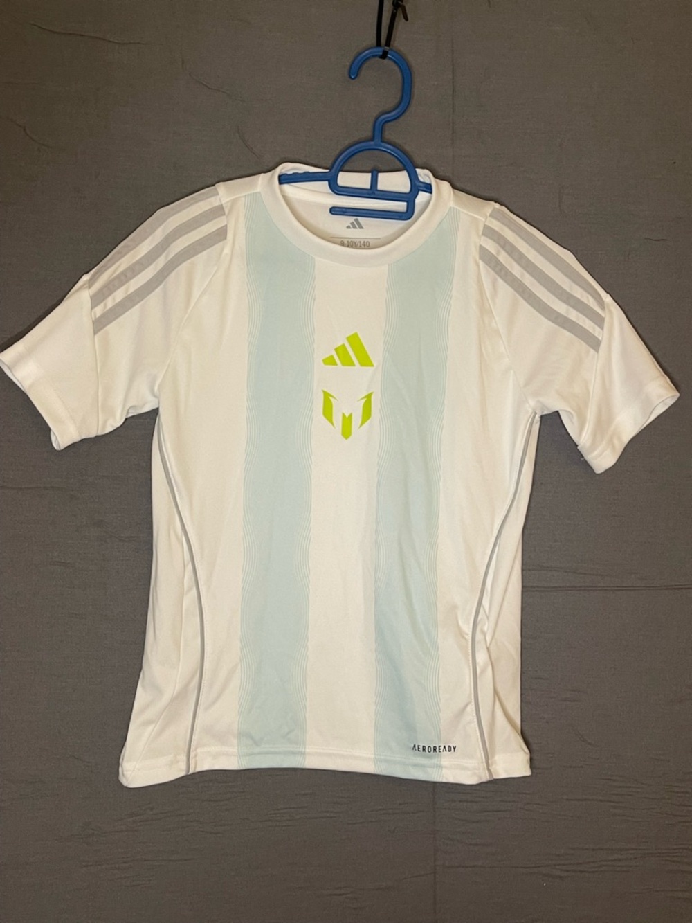 adidas White & Light Blue Striped Kids Soccer Shirt with Neon Yellow Logo